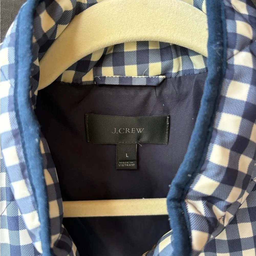 J. Crew Blue and White Checkered Gingham Quilted Warm Vest